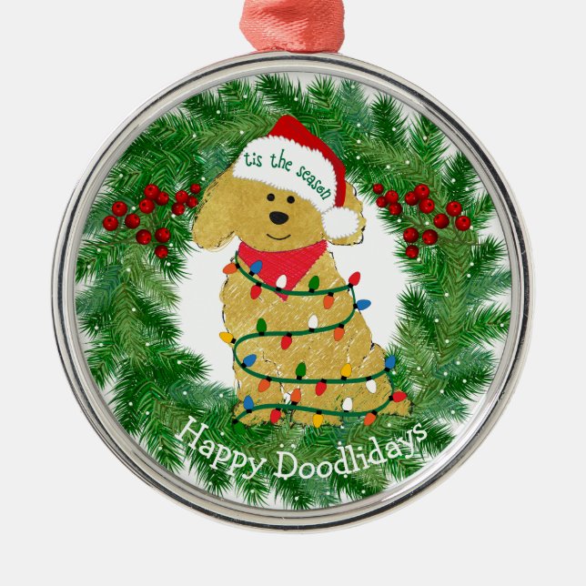 Ornamento De Metal Luzes de Natal personalizadas Goldendoodle (Frente)