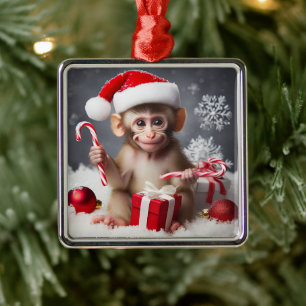 Ornamento De Metal Macaco bonito com chapéu de Papai Noel