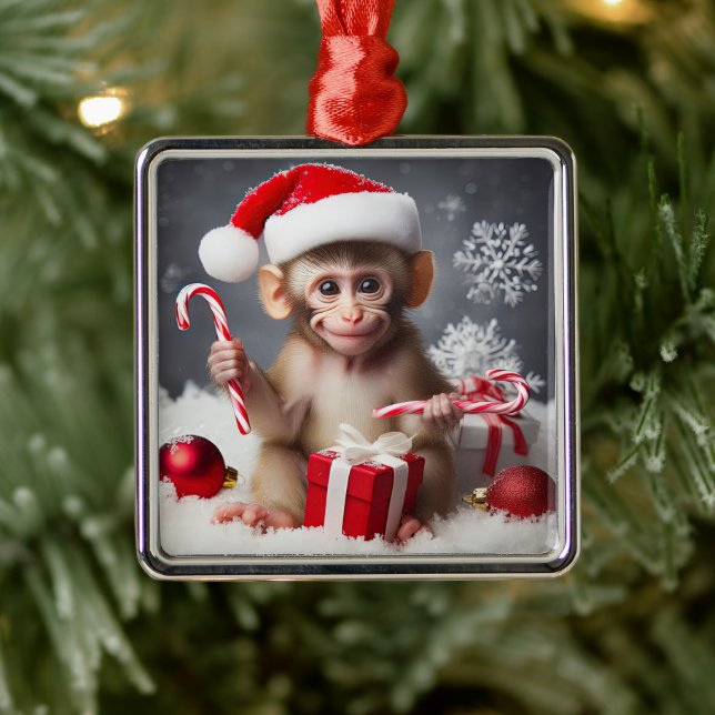 Ornamento De Metal Macaco bonito com chapéu de Papai Noel (Árvore)