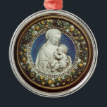 Ornamento De Metal MADONNA COM safira azul redonda da CRIANÇA<br><div class="desc">Belas artes elegantes e clássicas do renascimento,  obra-prima de Bottega della Robbia (Florença - Italia) em cores brancas,  amarelas,  marrons,  azuis,  verdes brilhantes.</div>