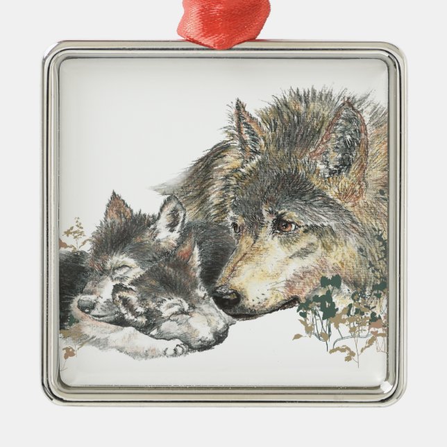 Ornamento De Metal Madre-aquarela Wolf & Cubs Animal Art (Frente)