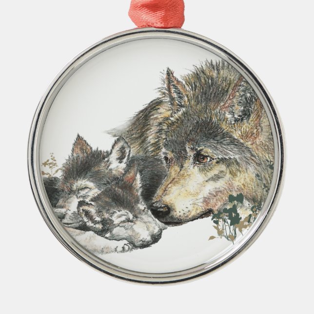 Ornamento De Metal Madre-aquarela Wolf & Cubs Animal Art (Frente)