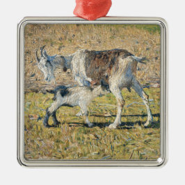 Ornamento De Metal Madre Goat com seu Jovem Criança (por Segantini)
