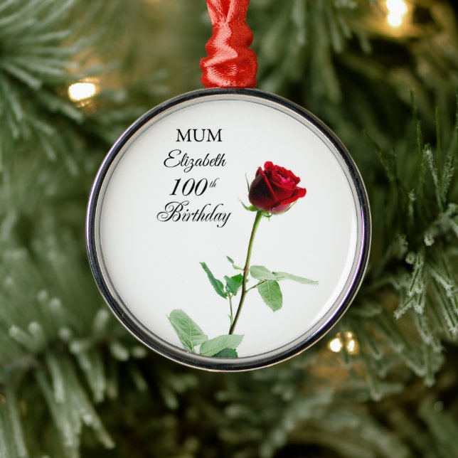 Ornamento De Metal Mãe 100ª Rosa vermelha de aniversário Personalizad (Árvore)