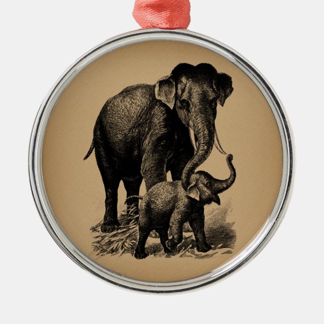 Ornamento De Metal Mãe e Elefante Bebê Arte Vintage (Frente)