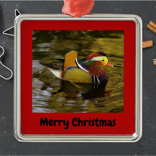 Ornamento De Metal Mandarim Pato Feliz Natal Vermelho