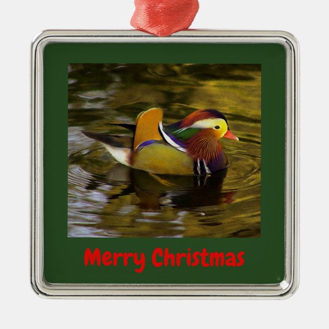 Ornamento De Metal Mandarin Duck Feliz Natal Prateado (Frente)