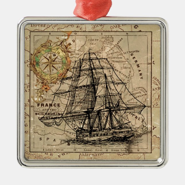 Ornamento De Metal Mapa e navio antigo do General France (Frente)