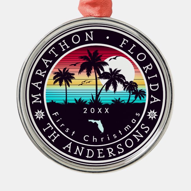 Ornamento De Metal Marathon Florida Retro Sunset Palm Tree 80s (Frente)