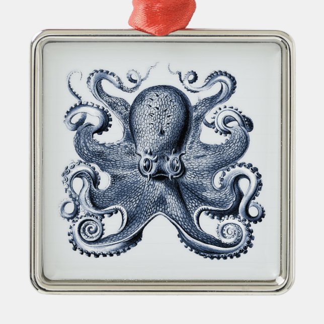 Ornamento De Metal Marinho Blue Octopus ilustrado por Ernst Haeckel (Frente)