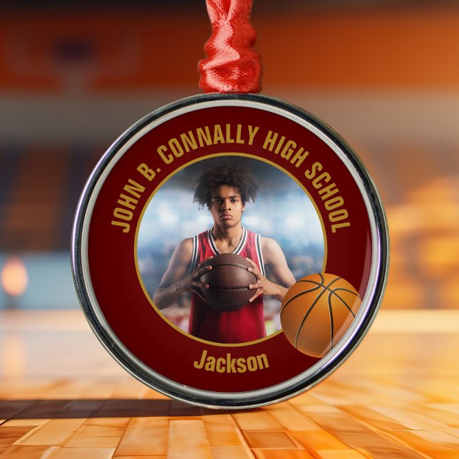 Ornamento De Metal Maroon Gold Basketball Player Photo Christmas (Criador carregado)
