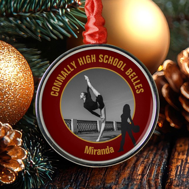Ornamento De Metal Maroon Gold Drill Team Photo High School Christmas (Criador carregado)