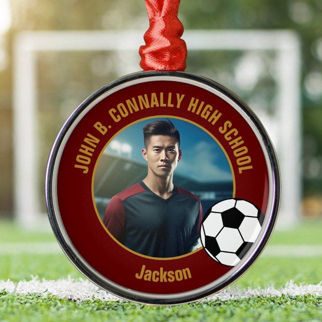 Ornamento De Metal Maroon Gold Soccer Player Photo Christmas (Criador carregado)