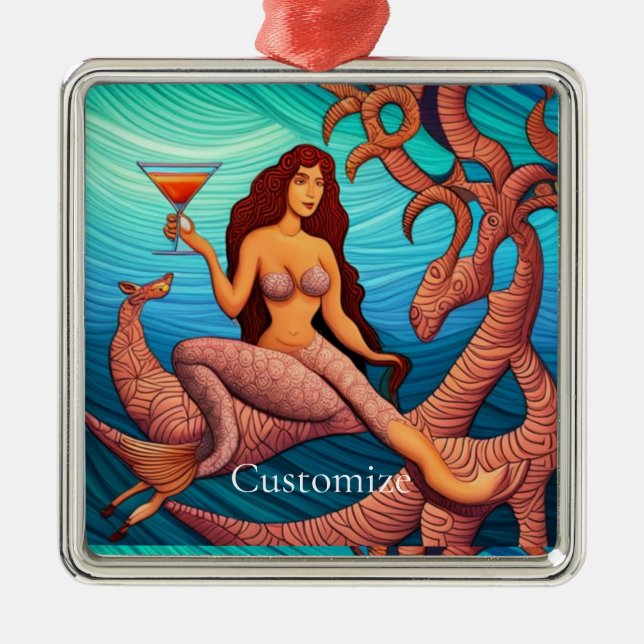Ornamento De Metal Martini Mermaid Thunder_Cove de cabelos longos (Frente)