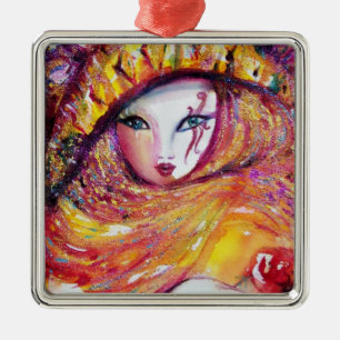 ORNAMENTO DE METAL MÁSCARA DO CARNAVAL NO AMARELO DOURADO COM ROSA