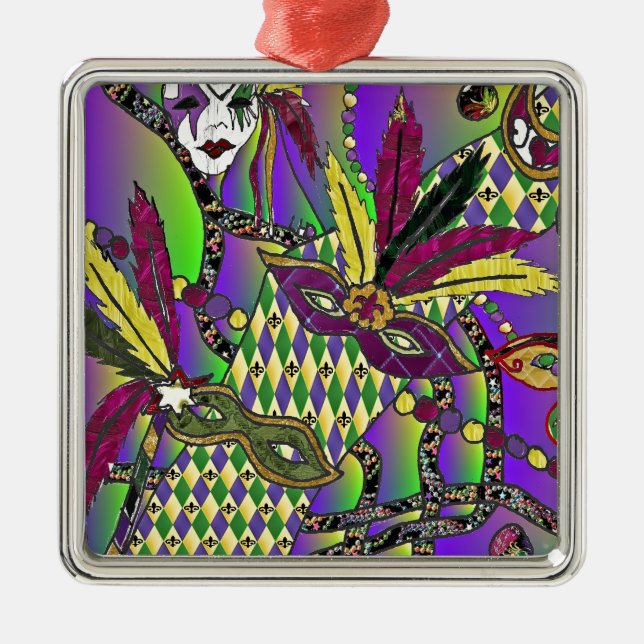 Ornamento De Metal Máscaras de penas do Mardi Gras Psychedelic (Frente)