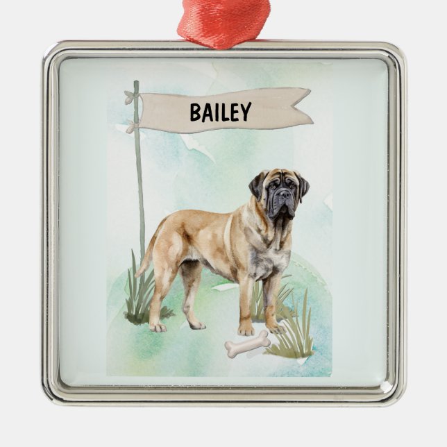 Ornamento De Metal Mastiff Watercolor Personalized Dog (Frente)