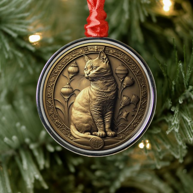 Ornamento De Metal Medalhão de Gatos Dourados Sentados (Árvore)