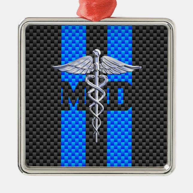 Ornamento De Metal Médico MD Caduceus Fibras de Carbono Stripes (Frente)