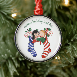 Ornamento De Metal Meias de Natal Antigas com Crianças Fofas