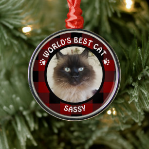 Ornamento De Metal MELHOR GATO DO MUNDO Xadrez Vermelho e Preto de Bú