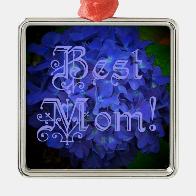 Ornamento De Metal Melhor mãe com fundo azul de flores (Frente)
