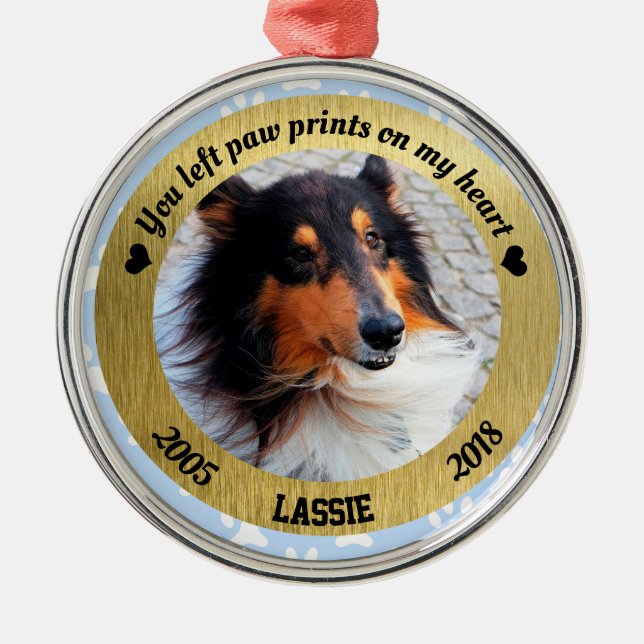 Ornamento De Metal Memorial De Cão Personalizado Azul E Dourado Natal (Frente)