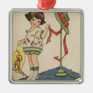 Ornamento De Metal Menina com chapéu e o pintinho amarelos