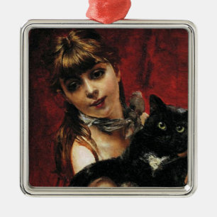 Ornamento De Metal Menina com um Gato Preto nos Braços