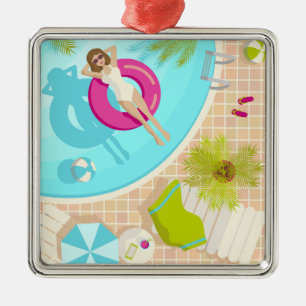 Ornamento De Metal Menina da festa de natação na praia de verão de bi