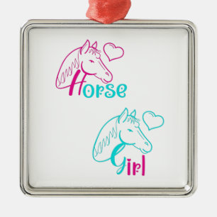 Ornamento De Metal Menina de Cavalo em Rosa e Turquesa