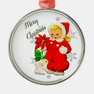 Ornamento De Metal Menina de Natal Vintage com Flor de Poinsettia