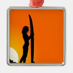 Ornamento De Metal Menina do surfista do por do sol com prancha