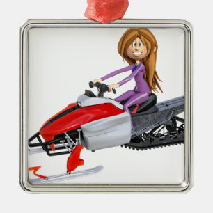 Ornamento De Metal Menina dos desenhos animados em um Snowmobile