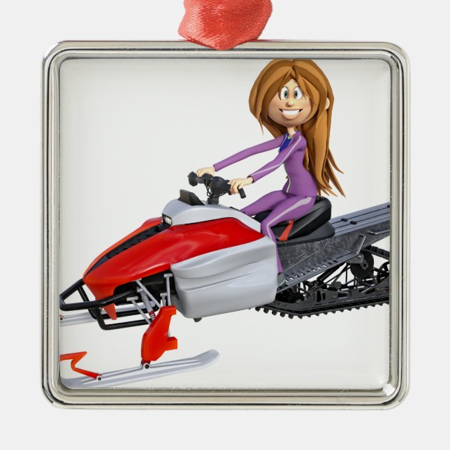 Ornamento De Metal Menina dos desenhos animados em um Snowmobile (Frente)