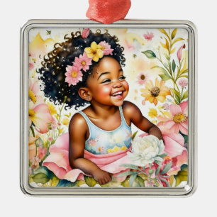 Ornamento De Metal Menina em Flores Rosa Natal
