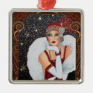 Ornamento De Metal Menina Flapper de Natal Céu Noturno Estrelado
