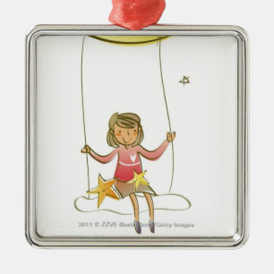 Ornamento De Metal Menina que balança em uma corda que pendura da lua