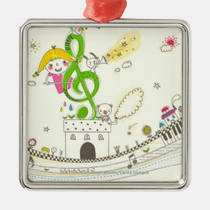 Ornamento De Metal Menina que joga com notas musicais na casa