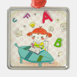 Ornamento De Metal Menina que senta-se na cadeira, estudando