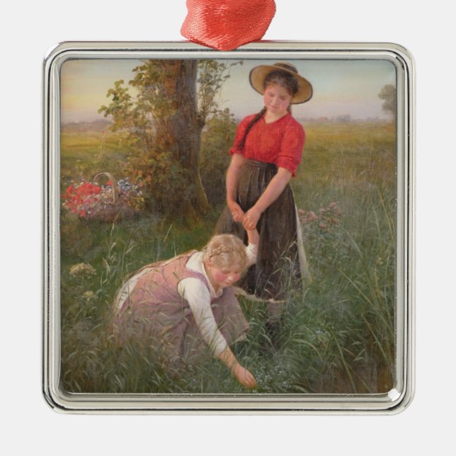 Ornamento De Metal Meninas Jovens Escolhendo Flores (Frente)