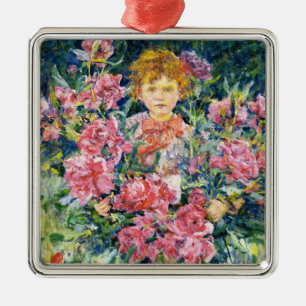 Ornamento De Metal Menino com Flores de Peônia Vermelhas (por Robert