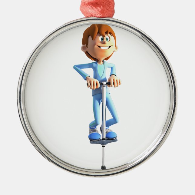 Ornamento De Metal Menino dos desenhos animados em uma vara de Pogo (Frente)