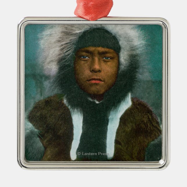 Ornamento De Metal Menino Eskimo nomeado "Menadelook " (Frente)