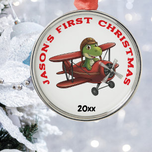 Ornamento De Metal Menino Primeiro Natal - Dinossauro de Avião Cónico