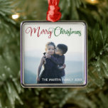 Ornamento De Metal Merry Christmas Elegant Red Green Photo Overlay<br><div class="desc">Elegant Merry Christmas photo ornament with beautiful cursive typography in red and green. This modern holiday family photograph features gorgeous script and your name in white over the full bleed picture for a great personalized holiday gift.</div>