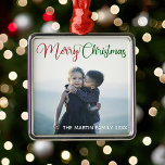 Ornamento De Metal Merry Christmas Elegant Red Green Photo Overlay<br><div class="desc">Elegant Merry Christmas photo ornament with beautiful cursive typography in red and green. This modern holiday family photograph features gorgeous script and your name in white over the full bleed picture for a great personalized holiday gift.</div>