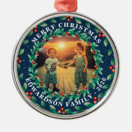Ornamento De Metal Merry Christmas holly berries family photo