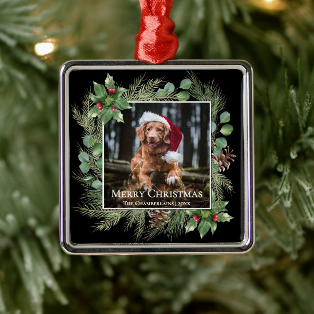 Ornamento De Metal Merry Christmas Pet Photo Wreath  (Árvore)