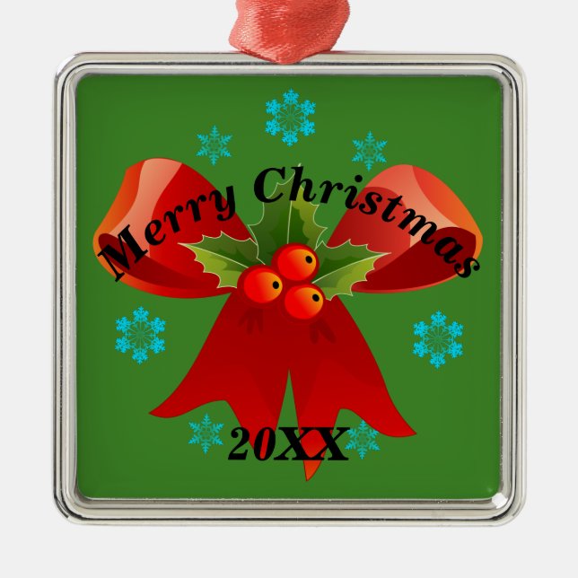 Ornamento De Metal Merry Christmas Ribbon Gift Keepsasaokê (Quadrado) (Frente)